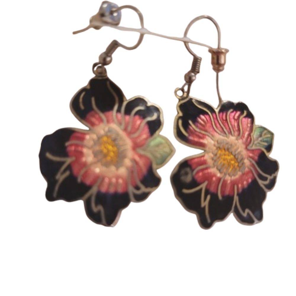 Black Pink Floral Dangle Earrings | Enamel Flower Statement Drop Earrings